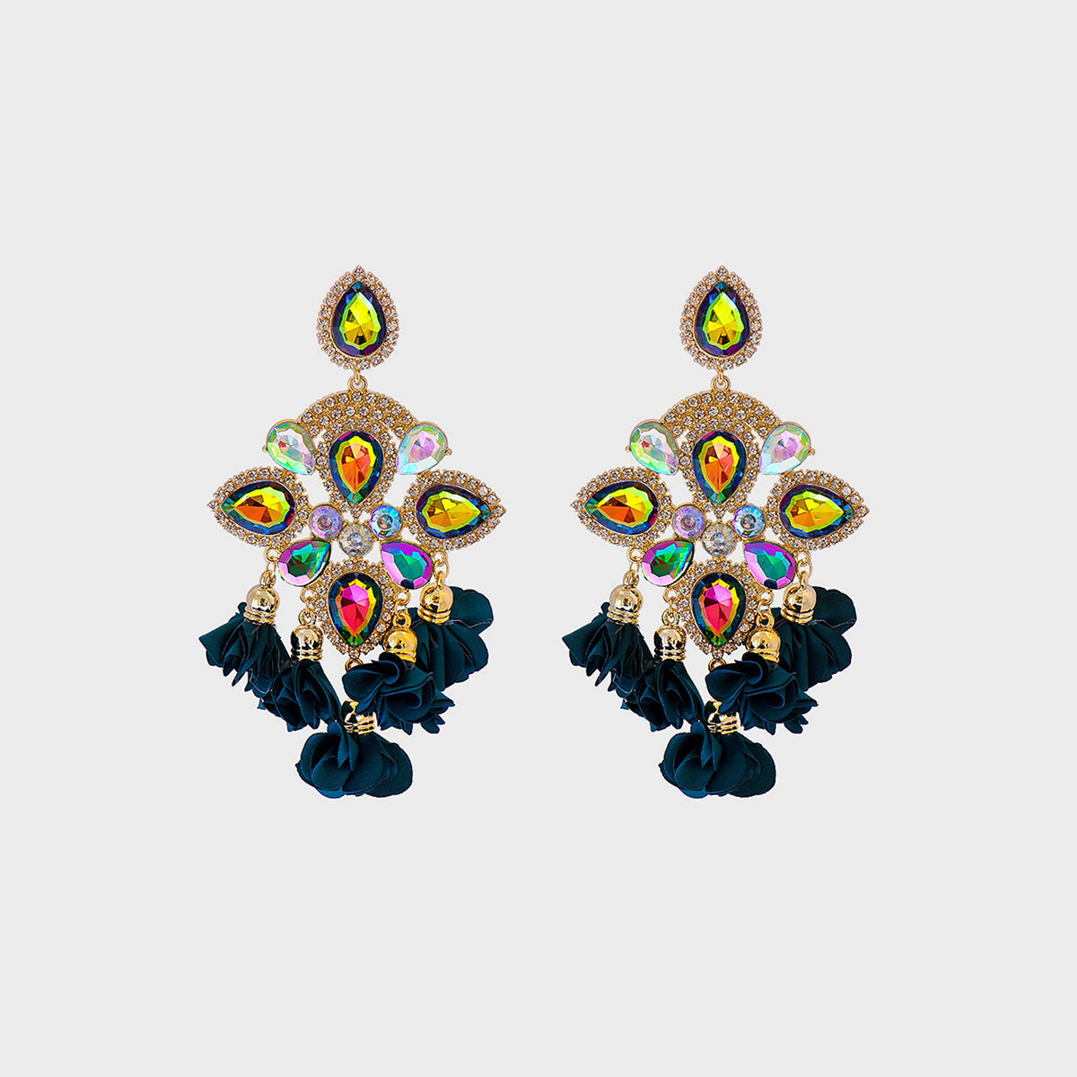 Flower shape rhinestone alloy dangle earrings with multicolored gems.