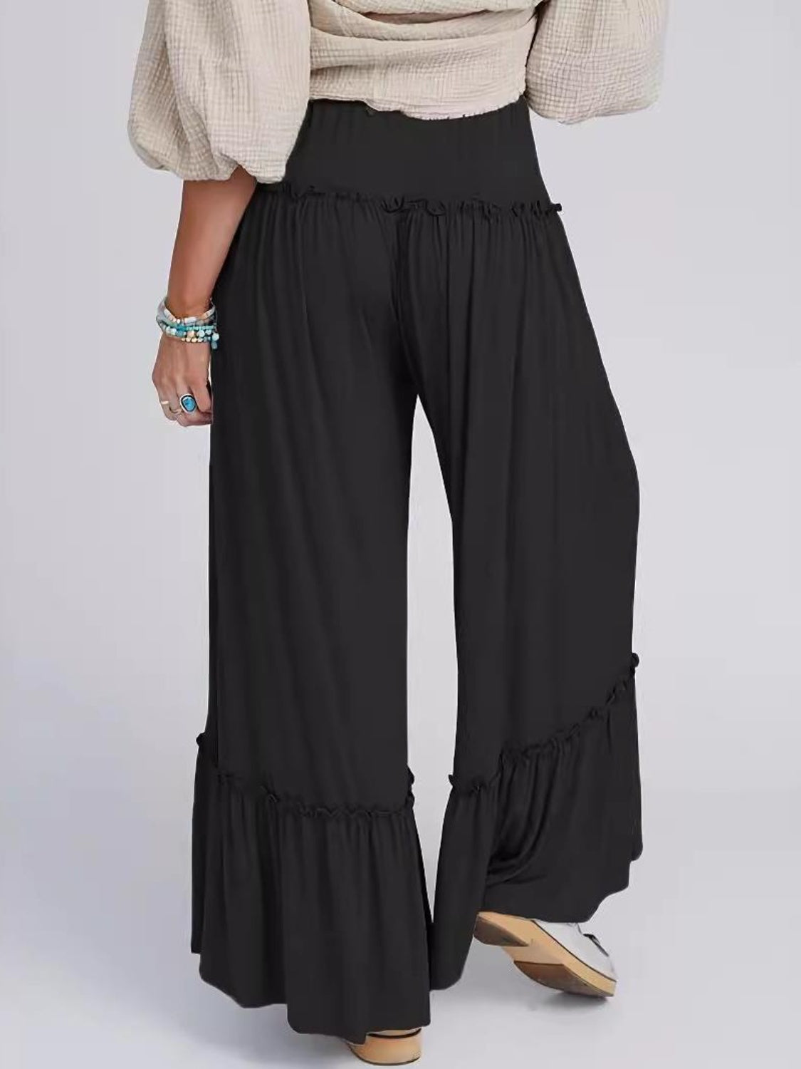 Full Size Frill Wide Leg Pants with drawstring and frill details, 100% polyester, opaque fabric.