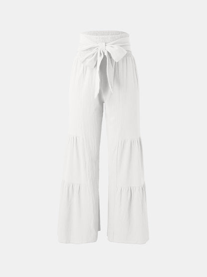 High waist tied ruched wide leg pants in white, 95% polyester, 5% spandex.