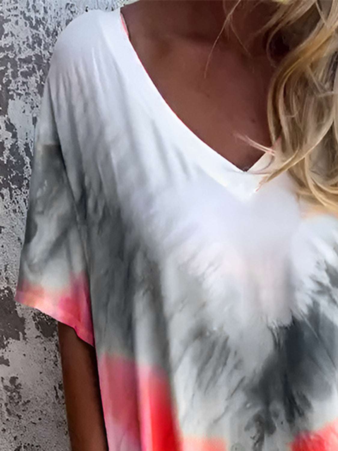 Tie-Dye Maxi Dress in lightweight sheer fabric with pink, gray, and white pattern.