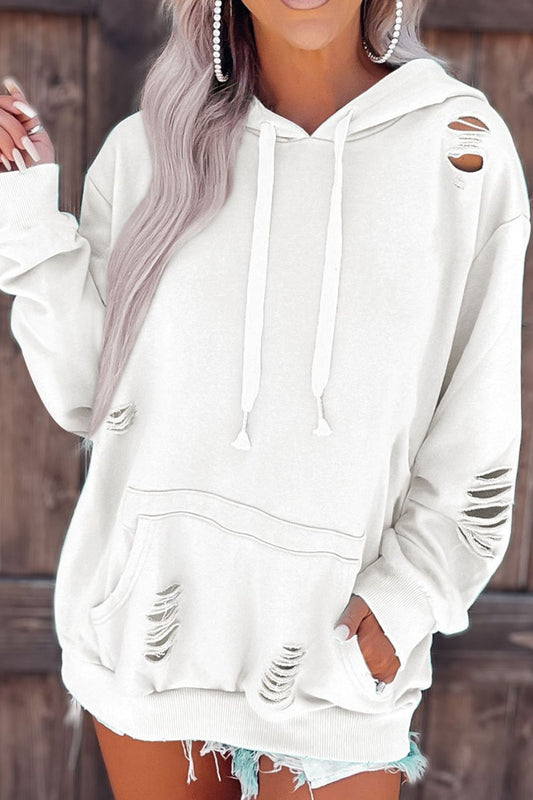 Distressed drawstring long sleeve hoodie with pockets and ripped details.