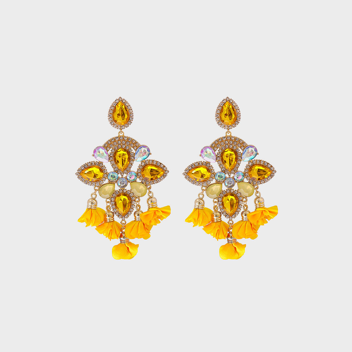 Flower shape rhinestone alloy dangle earrings with yellow accents.