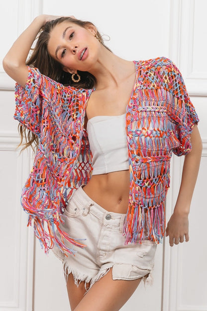 Open Front Fringed Crop Knit Cardigan in colorful knit with playful fringes.