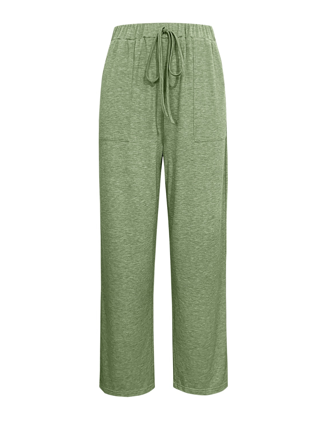 Tied wide leg pants with pockets in green, made of polyester and spandex, featuring an adjustable tie waist.