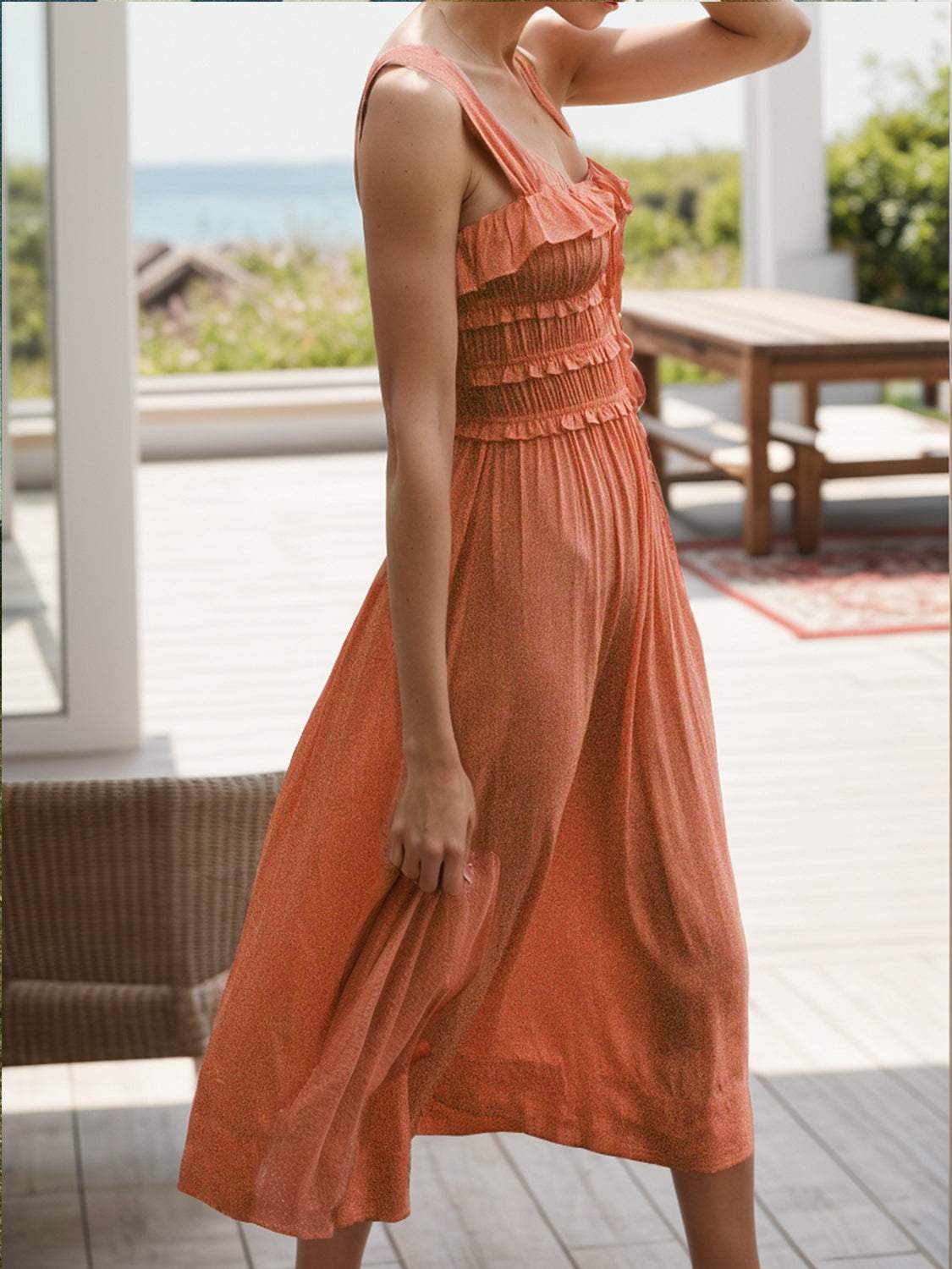 Frilled square neck wide strap dress in orange, featuring a tied design with slight stretch, 100% polyester material.