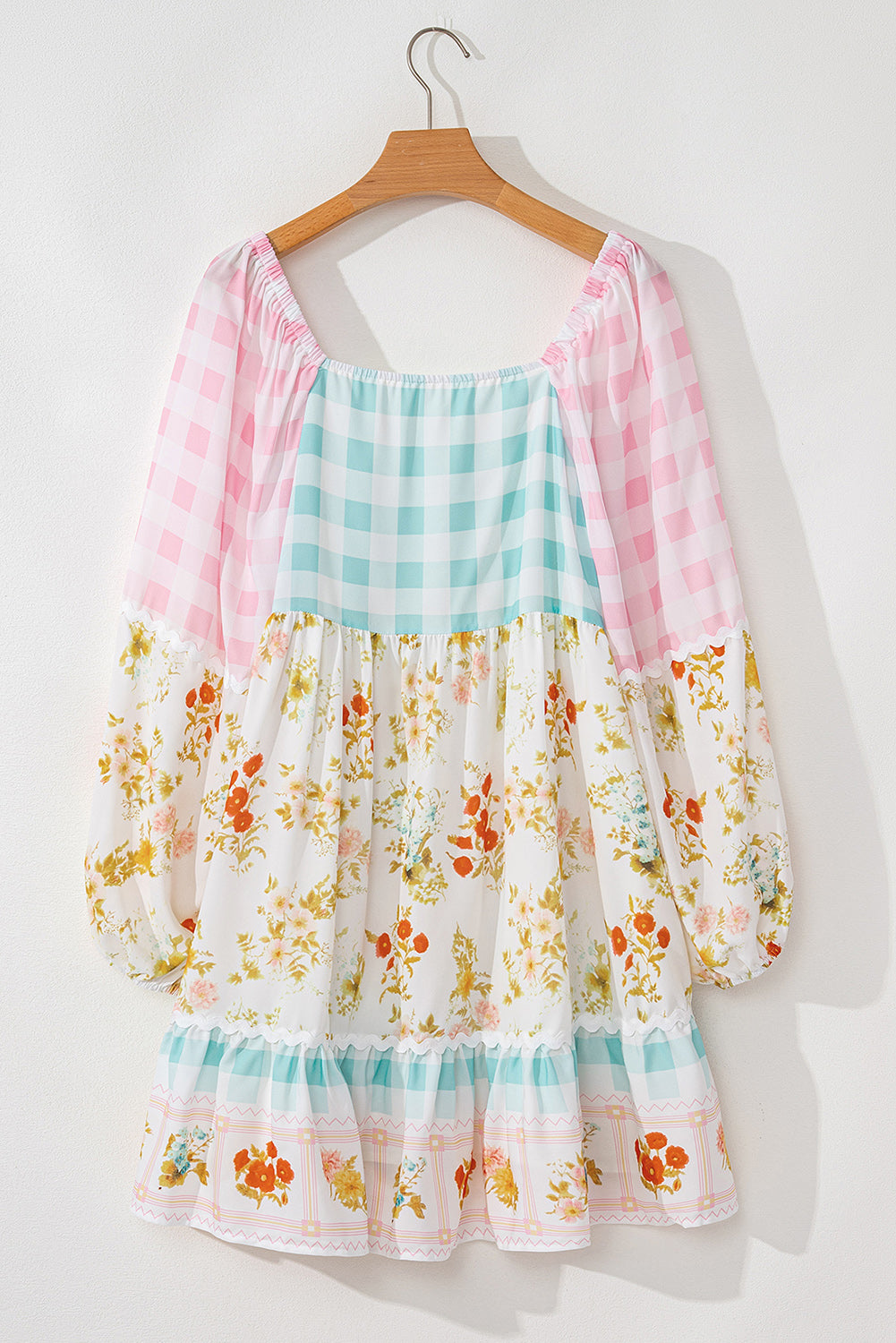 Plaid Floral Print Patchwork Bubble Sleeve Dress