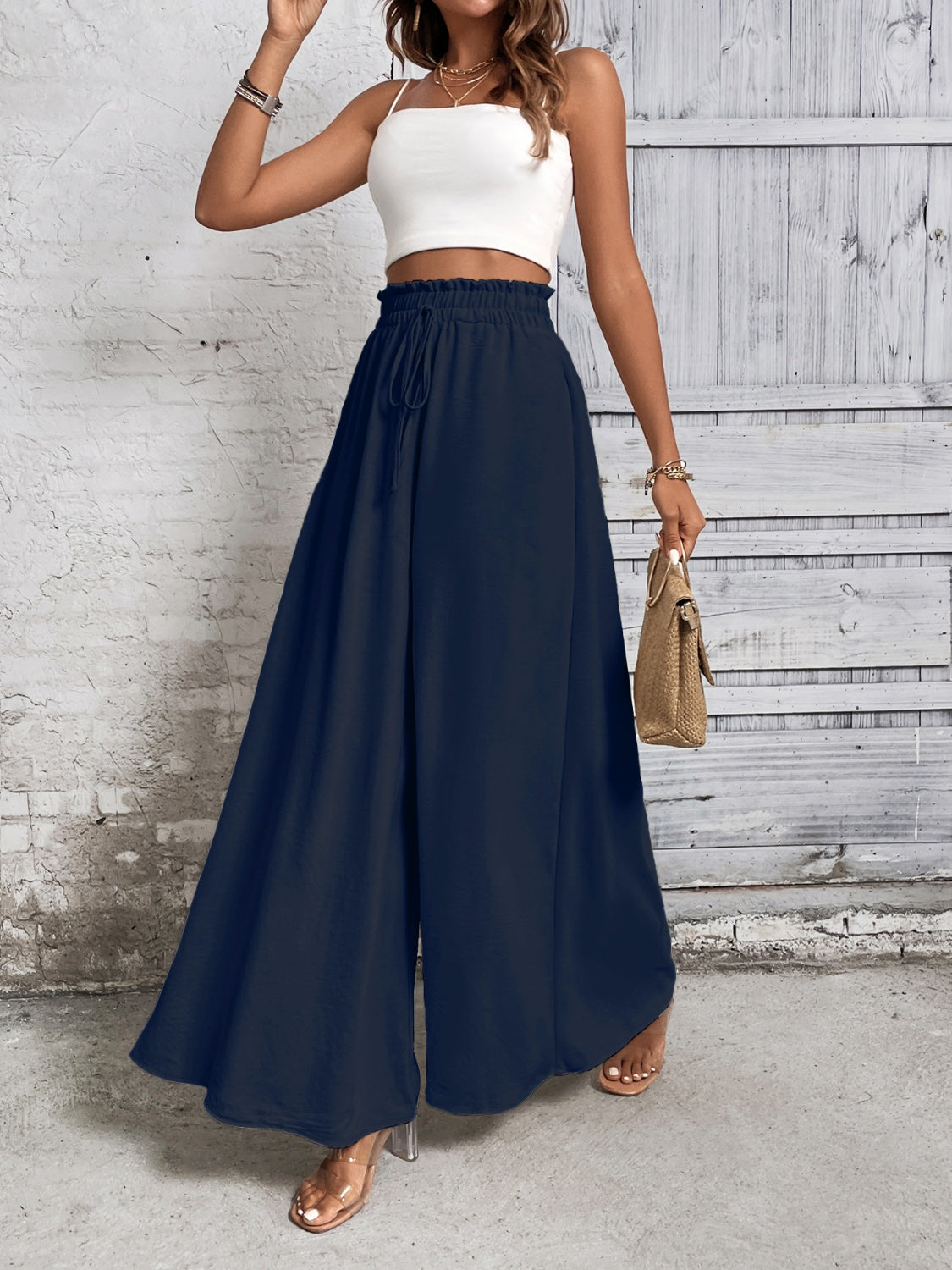 Boho high waist wide leg pants in navy, tied design, 100% cotton.