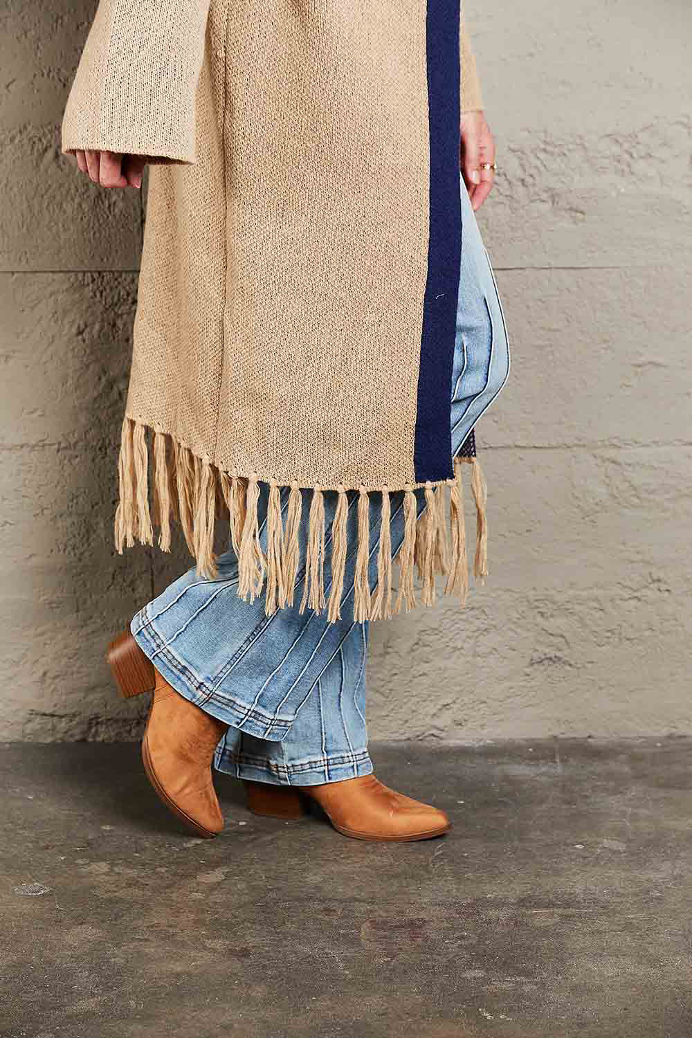 Geometric Fringe Hem Open Front Duster Cardigan