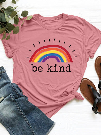 Be Kind Graphic T-Shirt with rainbow design, made of 100% polyester.