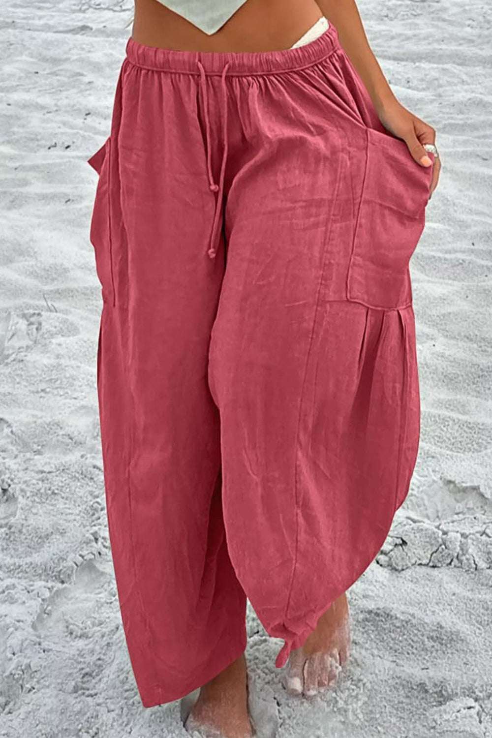 Boho Wide Leg Harem Pants with Pockets in red, made of 100% polyester.