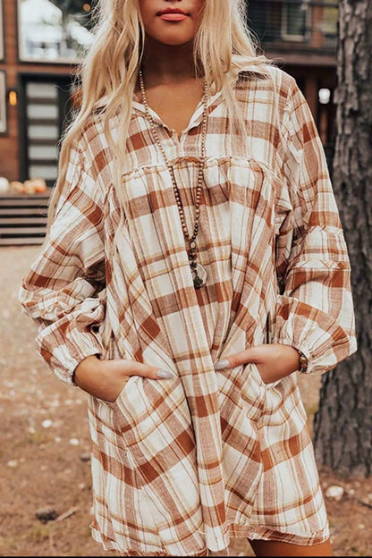 Plaid collared neck long sleeve mini shirt dress in brown and white.