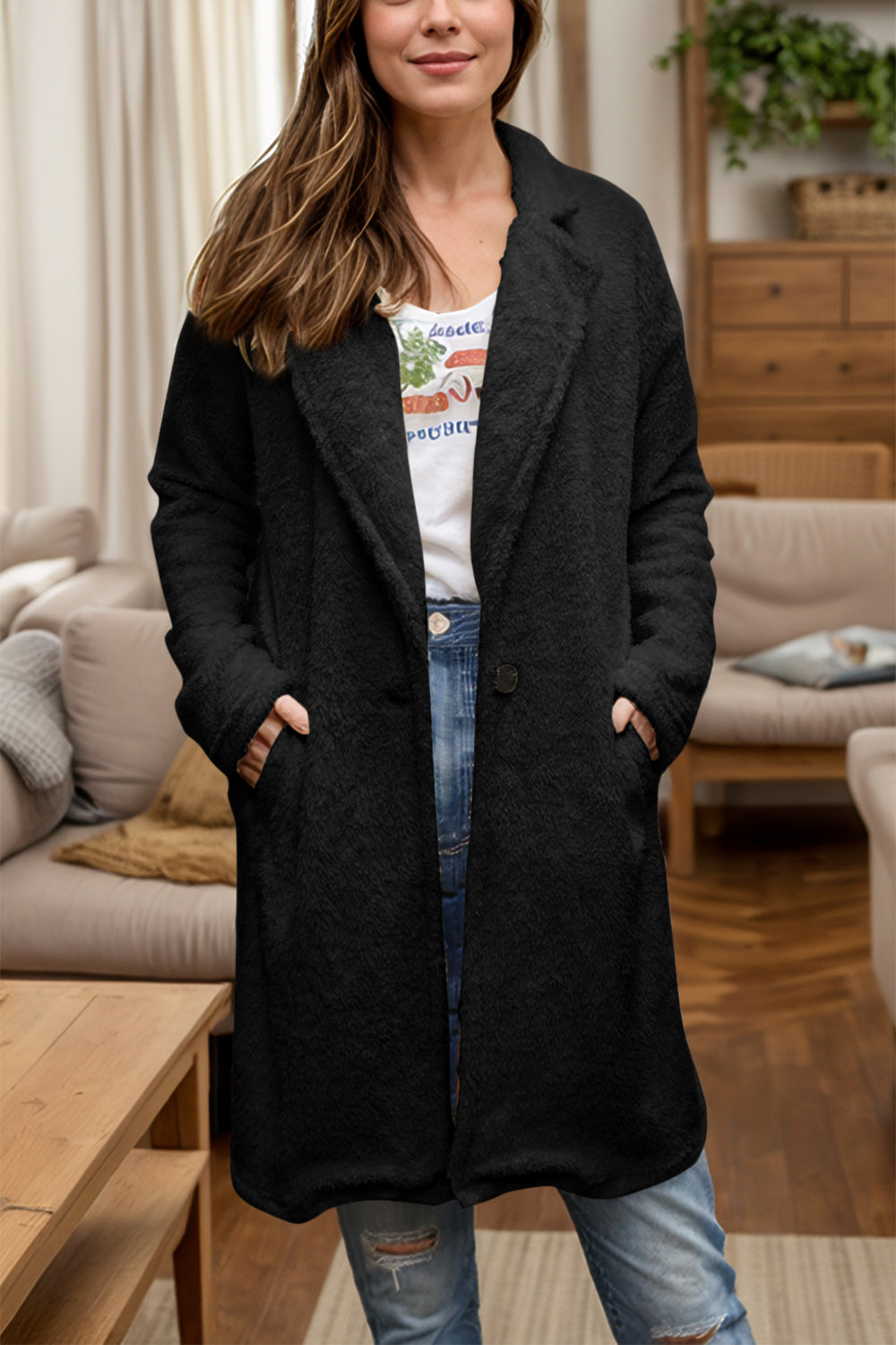 Button long sleeve longline plush coat in black, featuring a casual fit with jeans; ideal for fall weather.