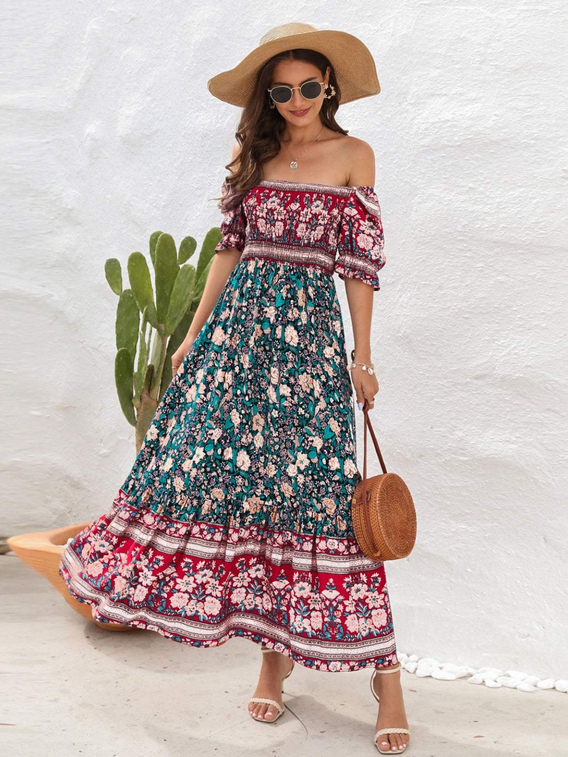 Floral flounce sleeve off shoulder midi dress in bold pattern.