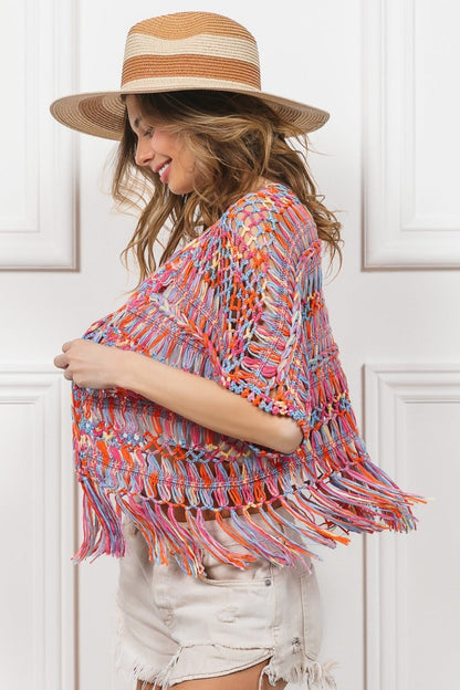 Colorful open front fringed crop knit cardigan with vibrant fringe detailing.