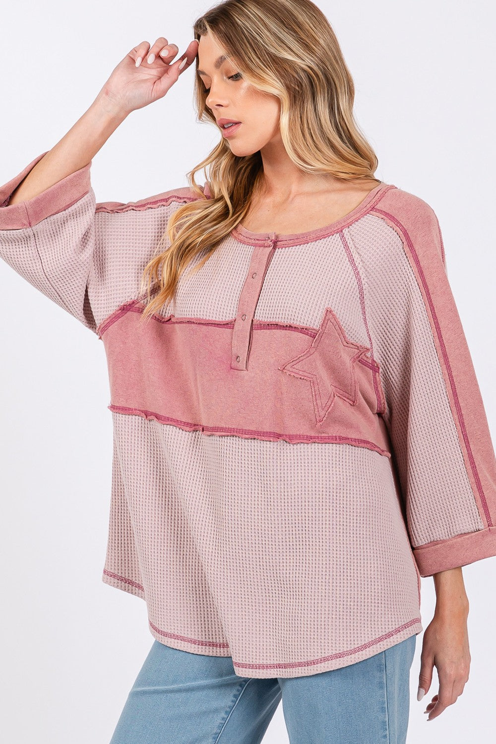 Star Applique Patch Exposed Seam Waffle Knit Top in pink with trendy design.