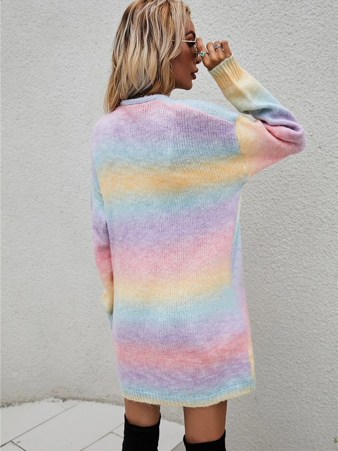 Rainbow pocketed open front gradient cardigan with pastel colors.