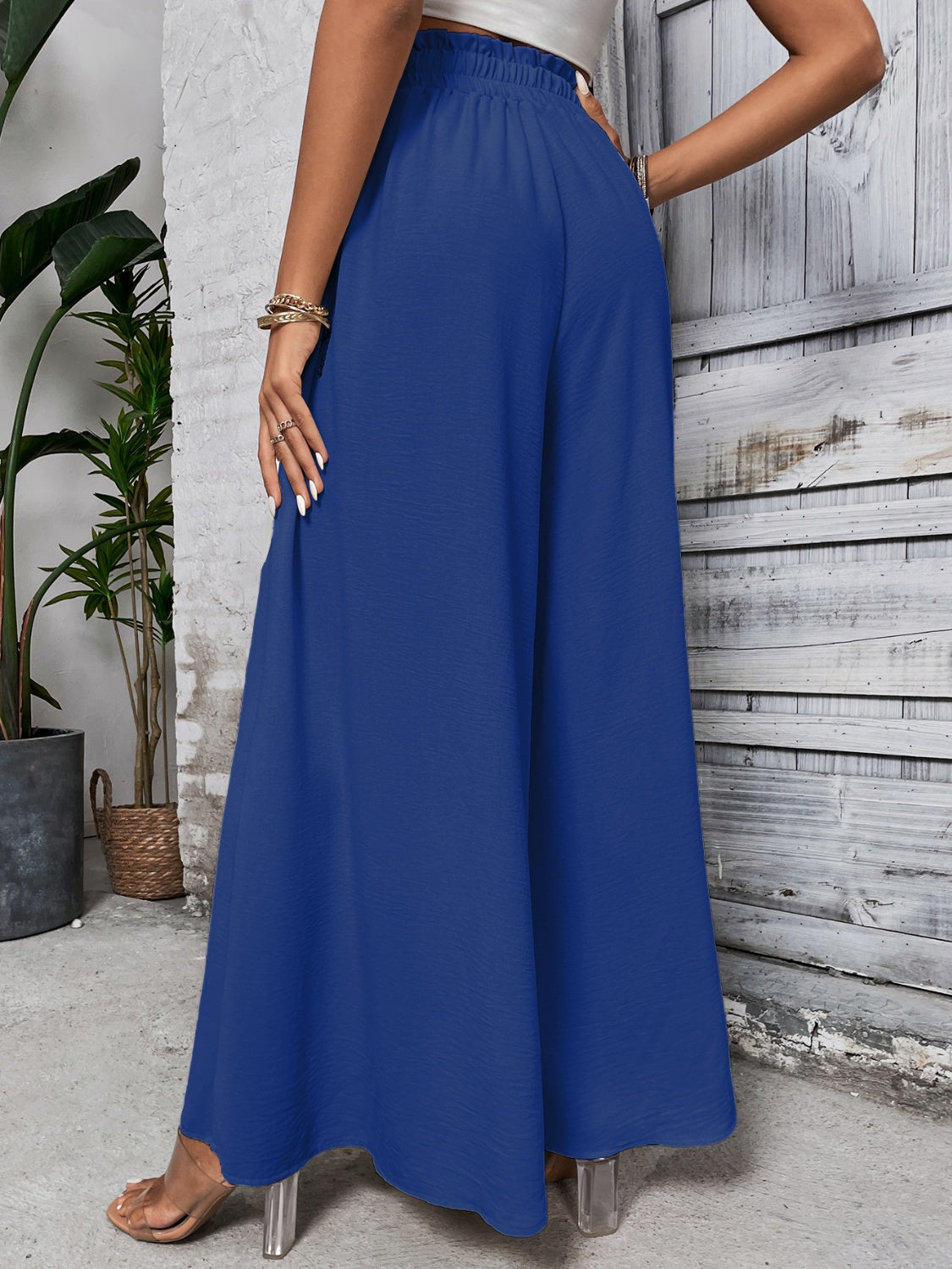 Boho high waist wide leg pants in blue, tied design, 100% cotton.