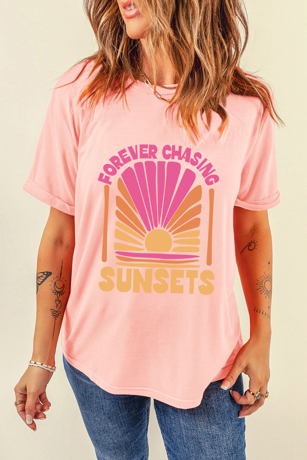 Forever Chasing Sunsets Graphic T-Shirt in pink with sunset design, no stretch, polyester-cotton blend.