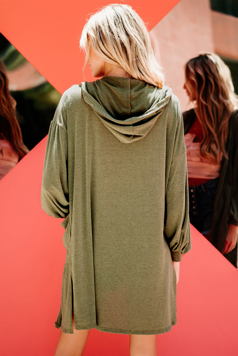 Green Hooded Side Split Open Kimono with Pocket