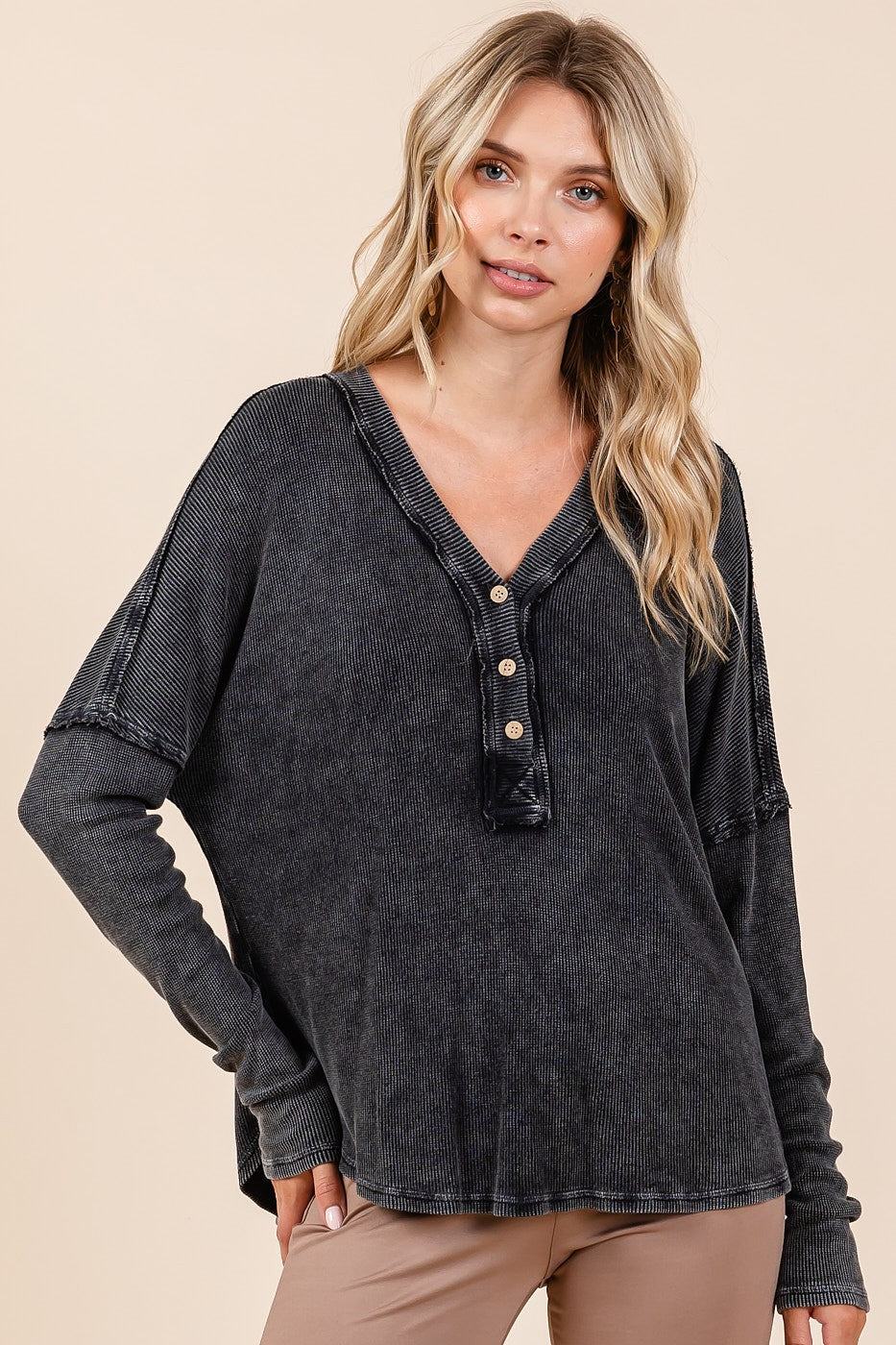 Washed V-neck long sleeve blouse with buttoned detail, vintage feel, boho tops for women.