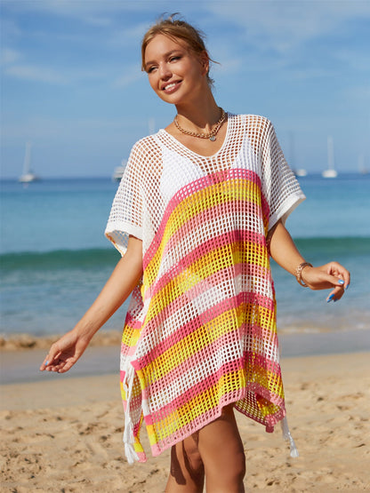 Rainbow cutout striped swim cover up with slit, semi-sheer design, made of polyester.