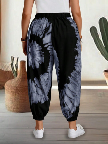 Tie-Dye Elastic Waist Pants in black and white polyester, featuring a basic opaque style with comfortable fit.