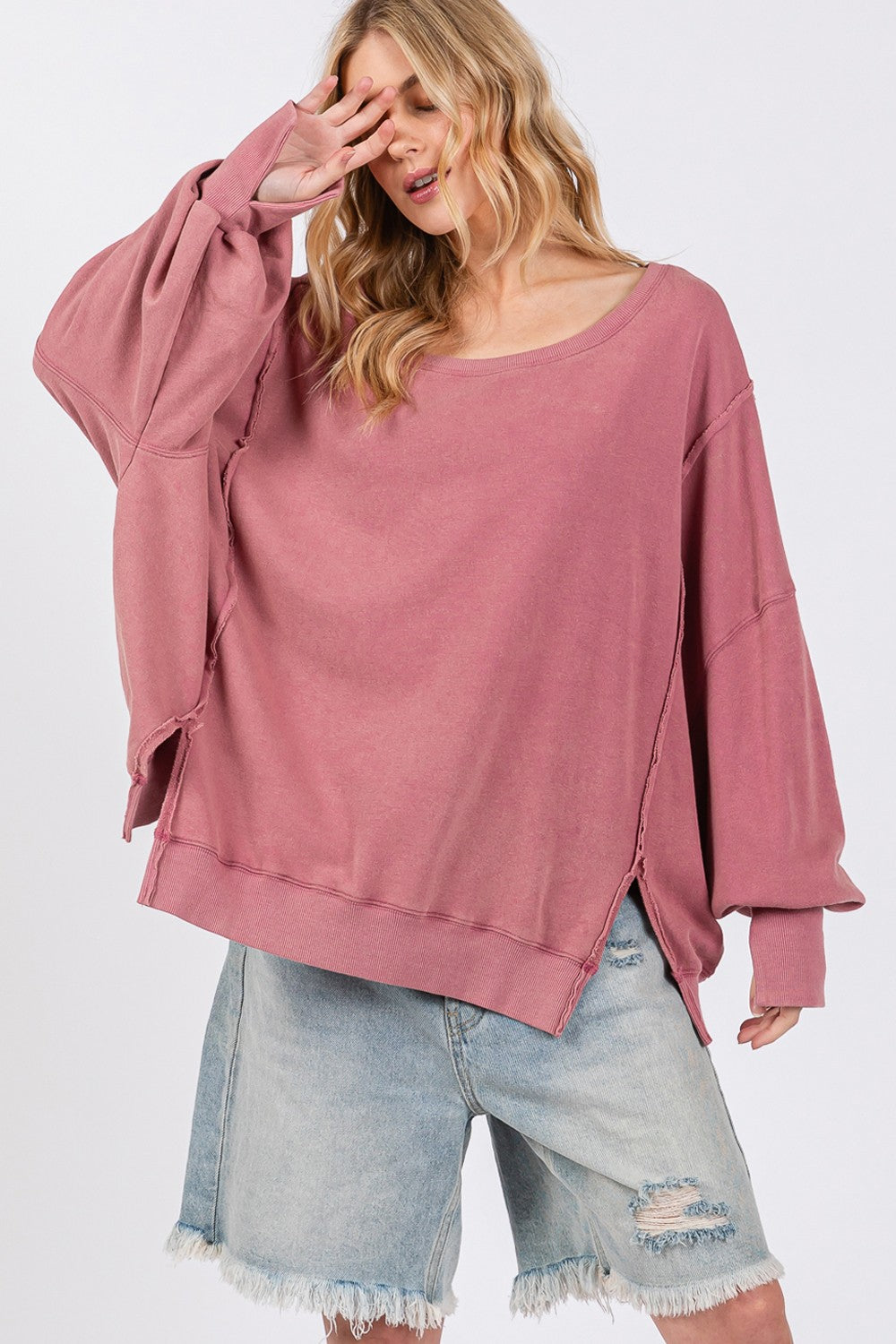 Mineral Wash Side Slit Oversized Sweatshirt with wide scoop neck and exposed seams