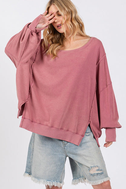 Mineral Wash Side Slit Oversized Sweatshirt with wide scoop neck and exposed seams