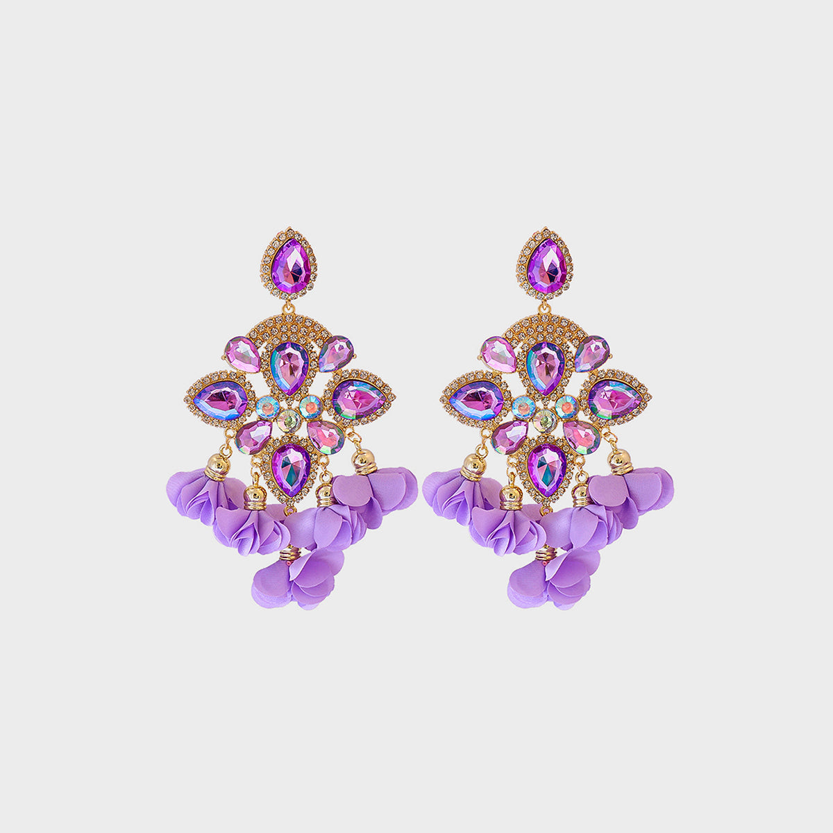 Flower shape rhinestone alloy dangle earrings with purple accents.