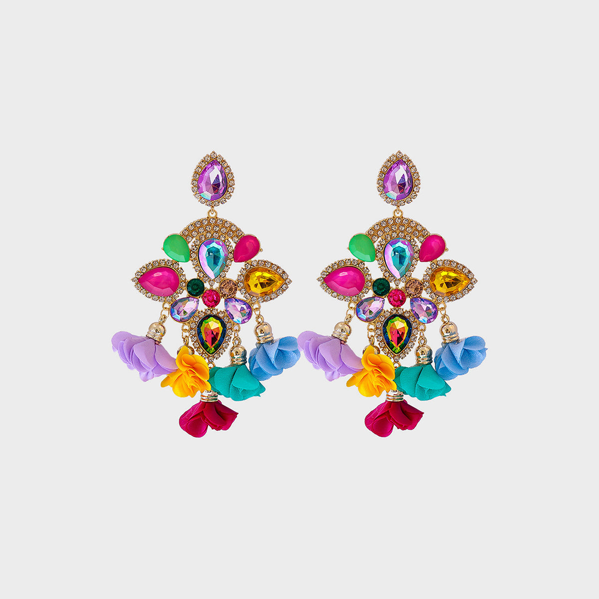 Flower shape rhinestone alloy dangle earrings with colorful gemstones.