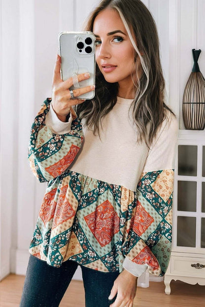 Paisley Geometric Patchwork Loose Fit Blouse