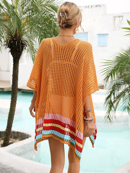 Slit openwork V-neck half sleeve cover-up in orange, featuring opaque and slightly stretchy polyester material.