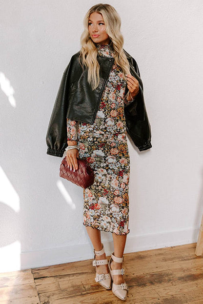 Brown Floral Print Mock Neck Bodycon Midi Dress