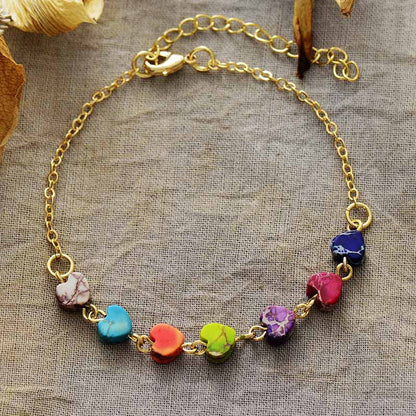 Heart Natural Stone Bracelet with gold-plated copper chain and multicolor stones.