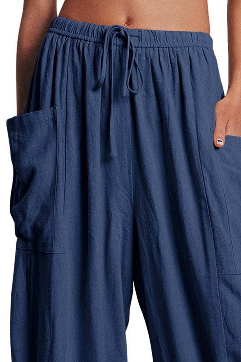 Boho wide leg harem pants with pockets in navy blue, made of 100% polyester.