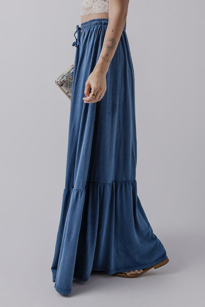 Sail Blue Lace Up High Waist Tiered Maxi Skirt