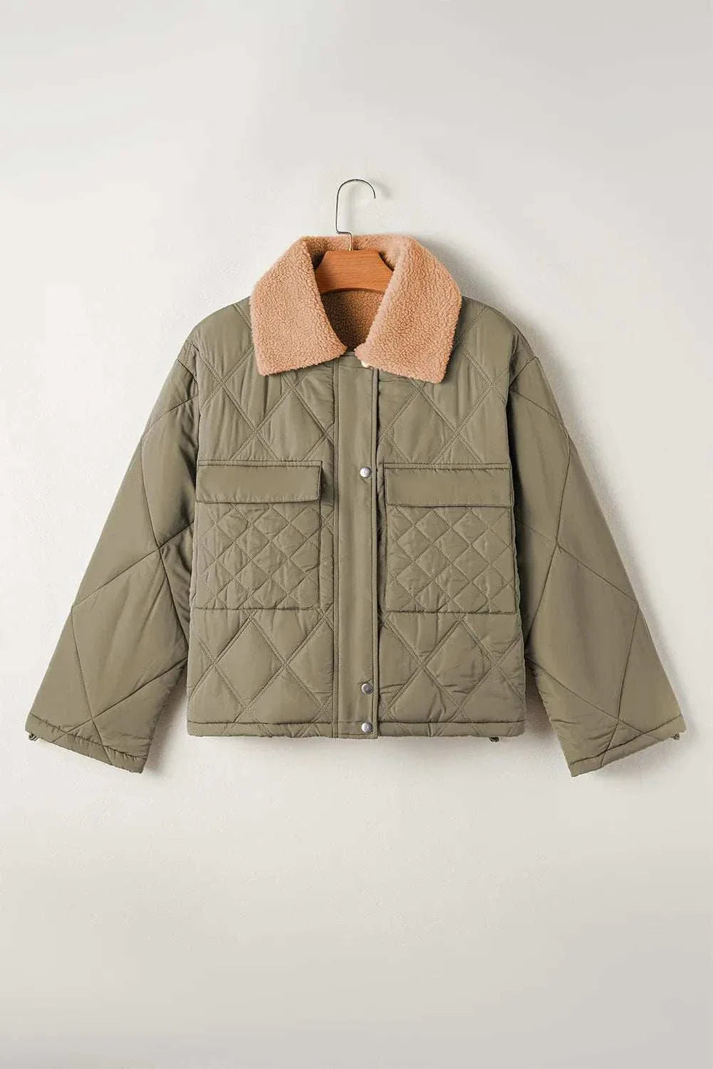 Sherpa collared long sleeve winter coat, olive green, with front pockets.