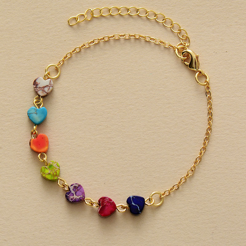 Heart Natural Stone Bracelet with gold-plated copper chain and colorful stone hearts.