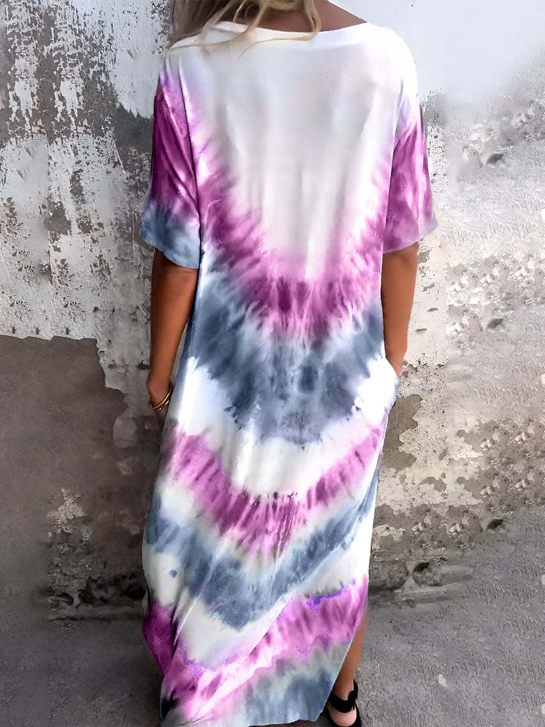 Tie-Dye Maxi Dress with pockets, lightweight and stretchy fabric, suitable for warm weather.