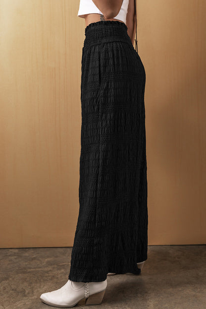 Black Textured Wide Smocked Waist Loose Fit Pants