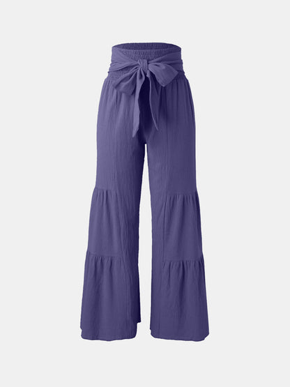 Tied Ruched Wide Leg Pants in blue, high waist, comfortable, chic design.