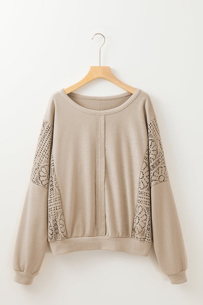 Boho crochet round neck long sleeve sweatshirt, cutout design, polyester and cotton blend.