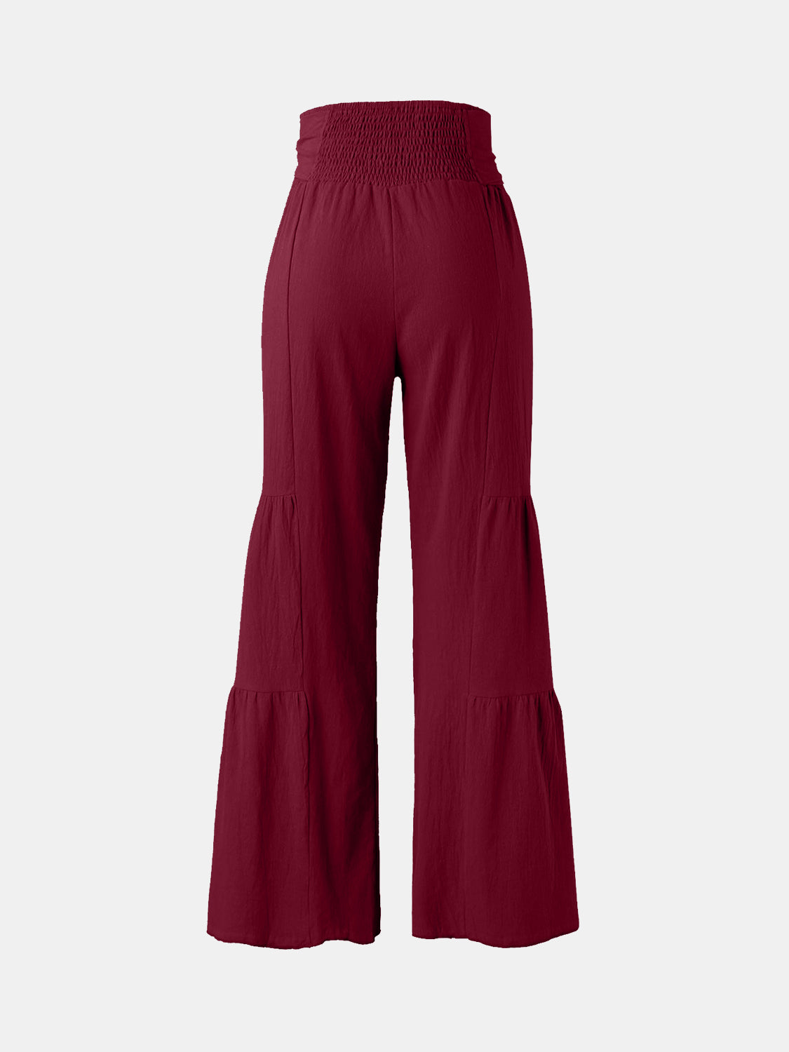 Tied Ruched Wide Leg Pants in burgundy, high waist, comfortable fabric.