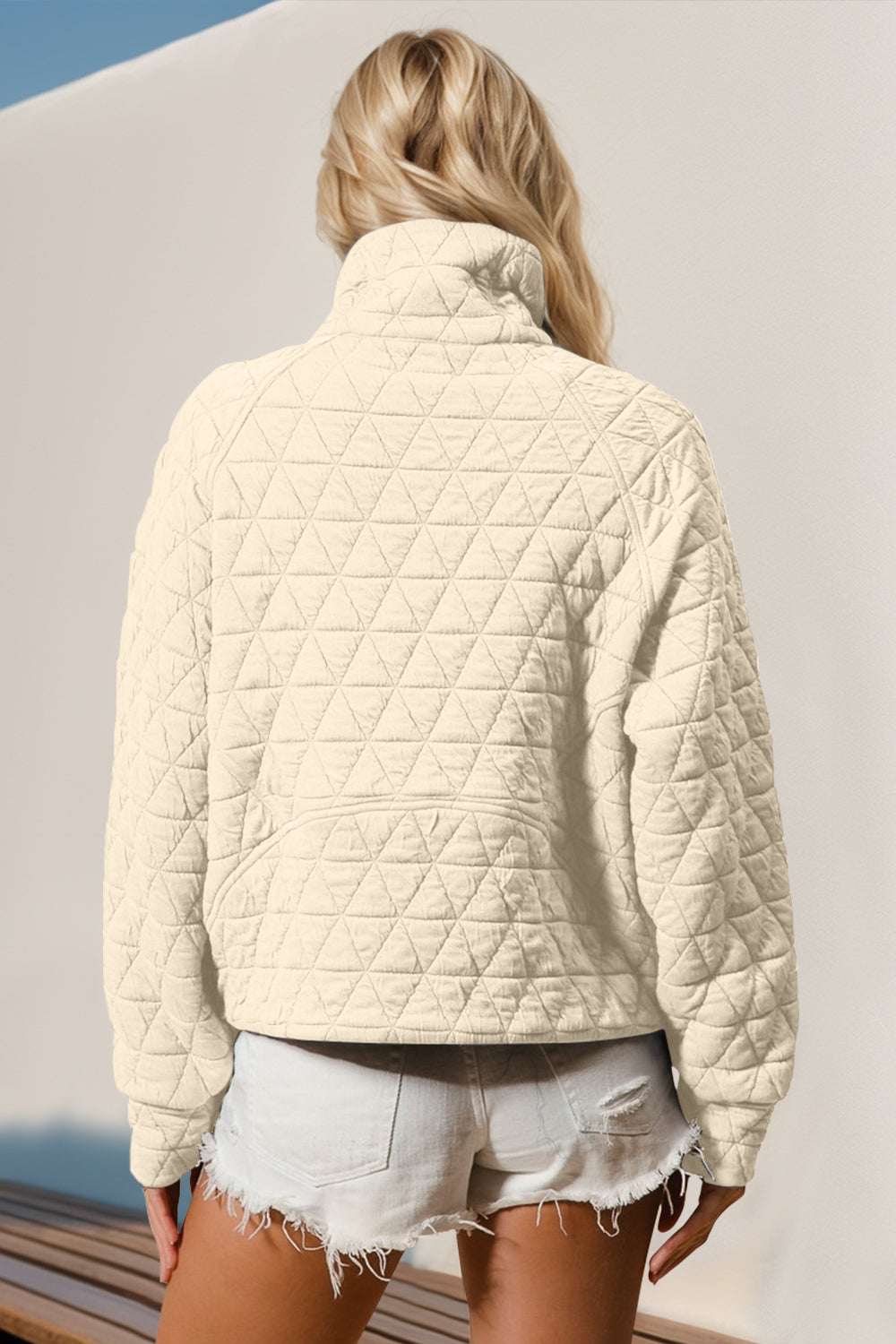 Cream double take half zip long sleeve quilted sweatshirt with pocket, back view.