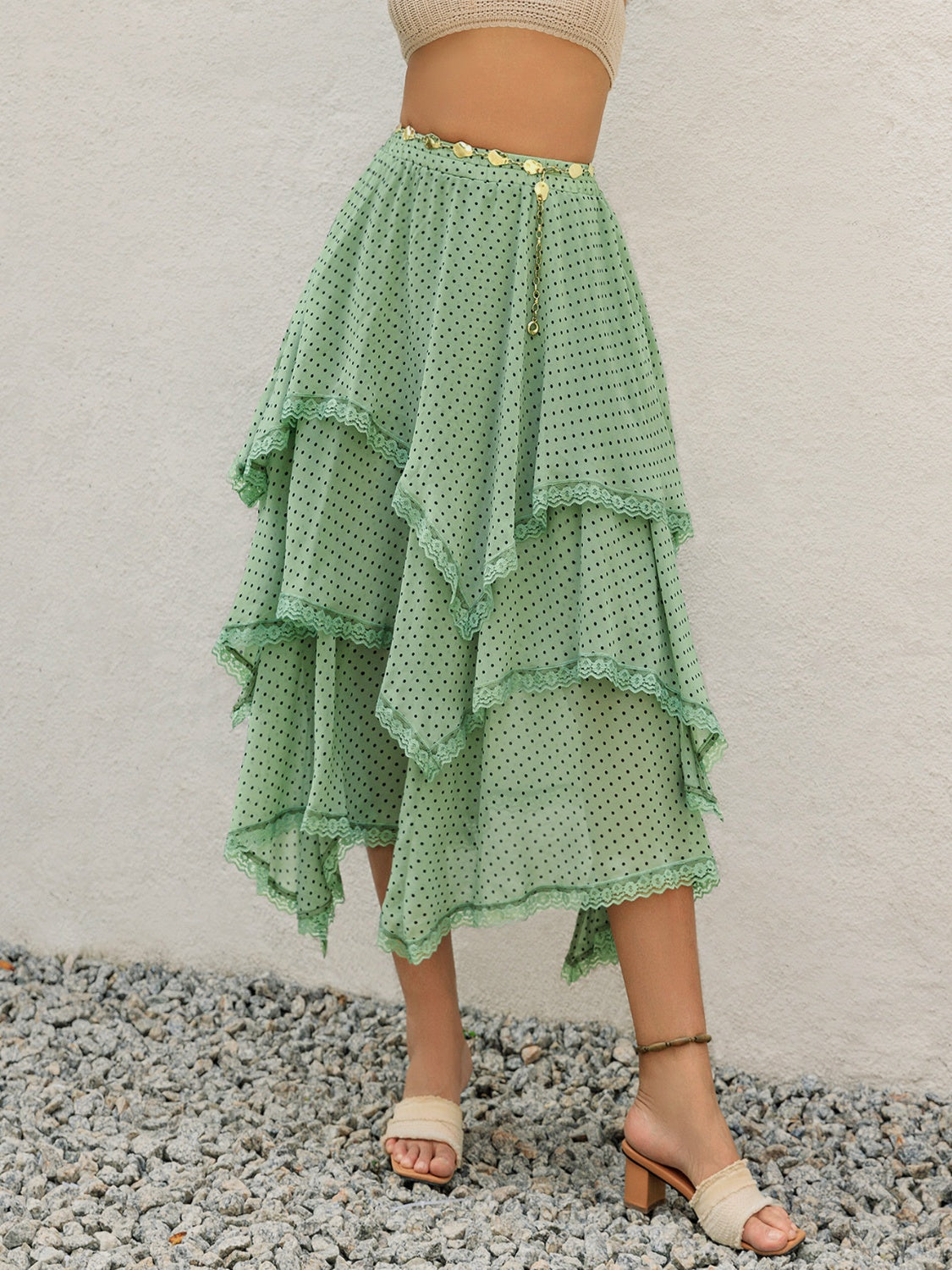 Lace detail layered printed skirt in green polyester with tiered design.