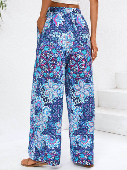 Boho Blue Wide Leg Pants with Pockets