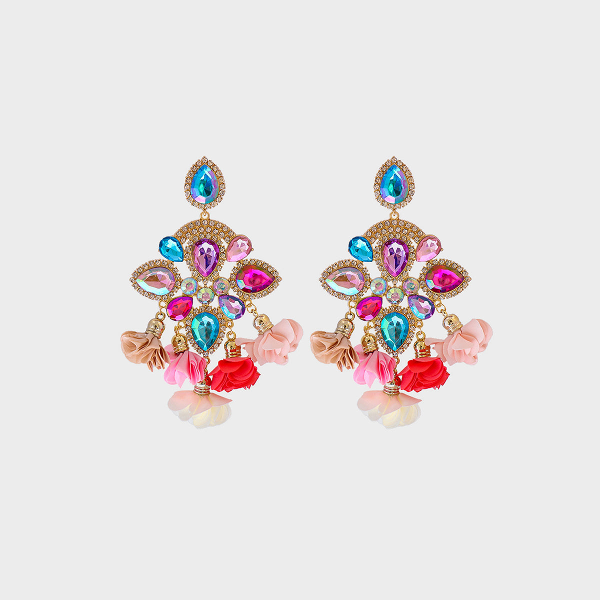 Flower shape rhinestone alloy dangle earrings with vibrant colors.