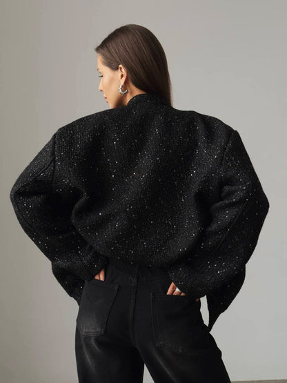 Sequin Detail Pocketed Long Sleeve Jacket in black polyester, back view.