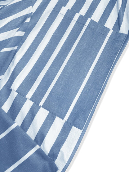 Striped elastic waist wide leg pants with pockets in a blue and white pattern.