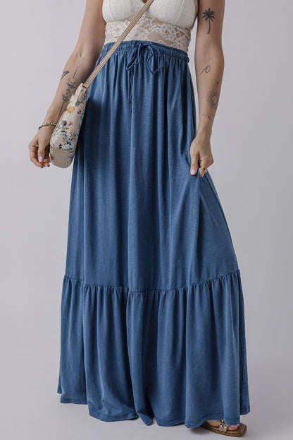 Sail blue high waist tiered maxi skirt with lace-up detail.